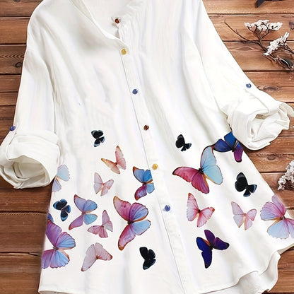 Plus Size Butterfly Print Shirt - Relaxed Fit for Ultimate Comfort, Long Sleeve for Versatility, Classic Button Front Design - Designed for Plus Size Women, Part of Our Womens Clothing Collection