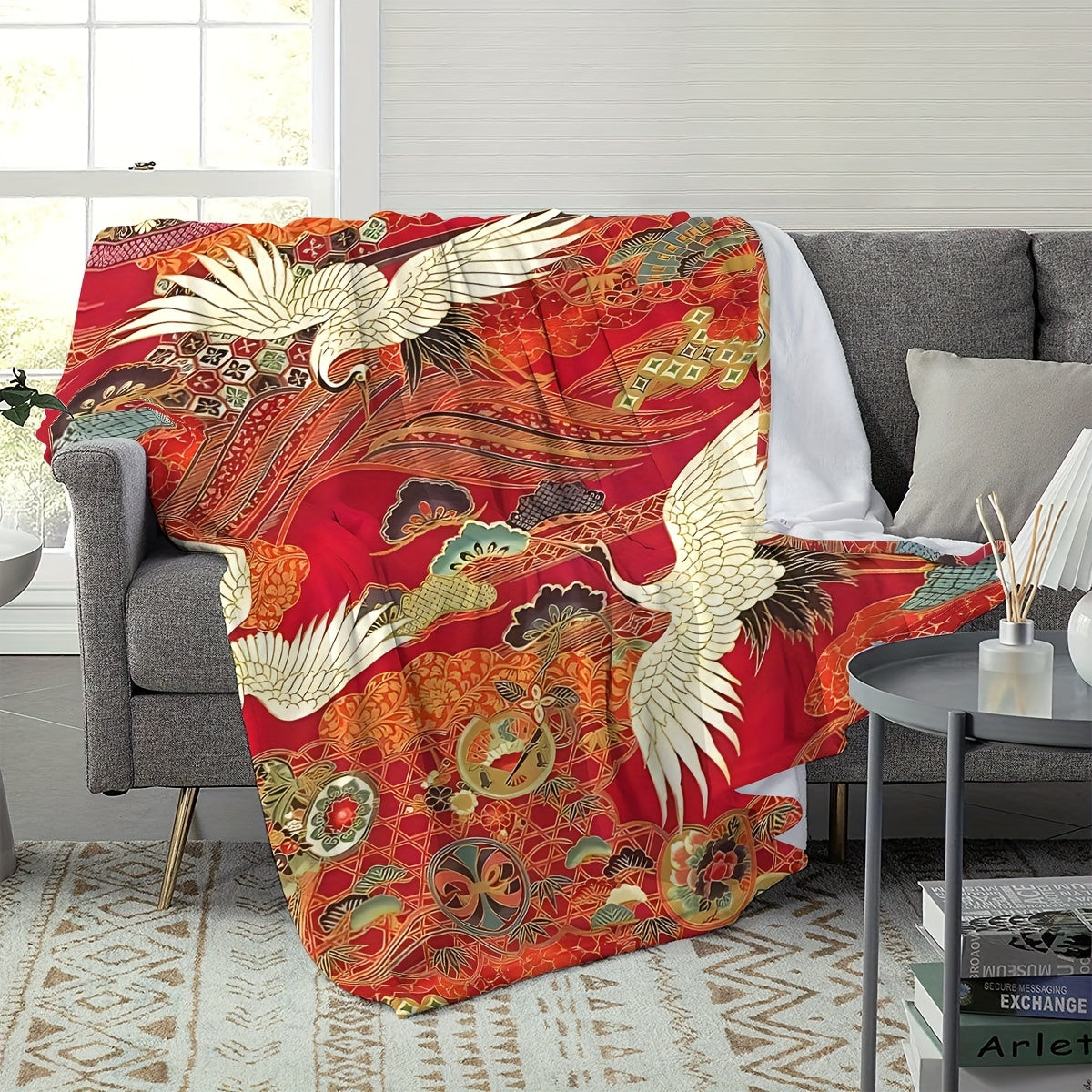 1pc Vibrant Red Traditional Crane Longevity Blessings Soft Fleece Blanket - Cozy Throw for Sofa Bed Office with Asian-Inspired Design, Plush Shawl for Home Travel - Perfect for Cold Winter Nights, Picnics, and Outdoor Activities