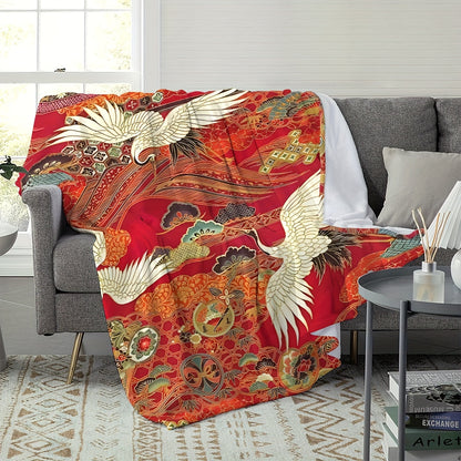 1pc Vibrant Red Traditional Crane Longevity Blessings Soft Fleece Blanket - Cozy Throw for Sofa Bed Office with Asian-Inspired Design, Plush Shawl for Home Travel - Perfect for Cold Winter Nights, Picnics, and Outdoor Activities