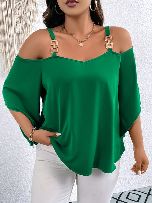 Plus Size Elegant Strapless Cold Shoulder Blouse - Chain Linked 3/4 Sleeve, Polyester Material, Pullover Style, Solid Color, Regular Length, Weekend Casual Wear for Spring - Oversized Fit, Non-Stretch Fabric, Woven Shirting