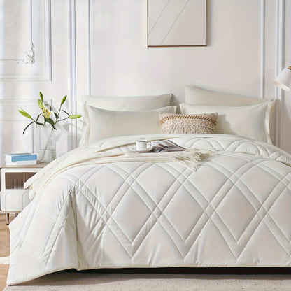 5/7pcs Luxurious Geometric Comforter Set - Soft, Stain-Resistant, Lightweight Microfiber Bedding with Lozenge Pattern, Hypoallergenic, Breathable, and Warm - Twin/Full/Queen/King Size Bed In A Bag for All Seasons with 100% Microfiber Cover and 100% Polyes