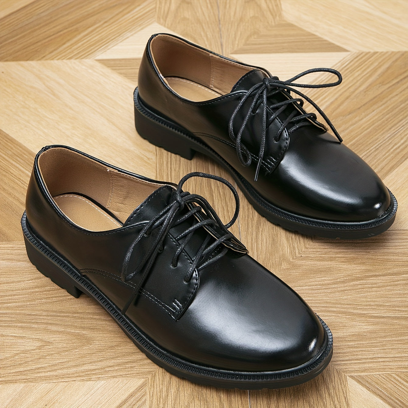 Lace Up Oxford Shoes - Timeless Solid Color Design, Classic Round Toe, Comfortable Low-top, Slip-Resistant, Premium Patent Leather, Easy Lace Up - Perfect for Everyday Casual Occasions, Versatile Style