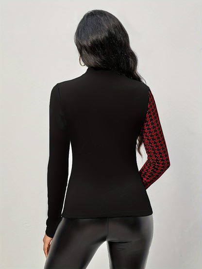 Elegant Houndstooth Mock Neck Blouse: Slim Fit, Long Sleeve Women's Top with Easy Maintenance