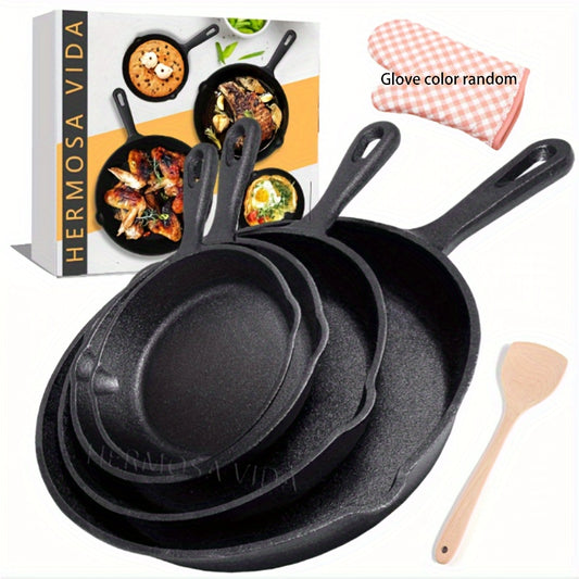 4-Piece Cast Iron Skillet Set - Heavy-Duty, Pre-Seasoned, Professional-Grade Cookware for Frying, Saute, Cooking, Pizza & More - Includes 10", 8", 6", 5.5" Pans, Wooden Spoon, and Heat-Resistant Gloves - Durable, Versatile, and Easy to Clean - Perfect for