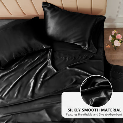 4-Piece Luxurious Satin Sheet Set - Soft, Silky Microfiber, Deep Pocket Fitted Sheet, Flat Sheet, and 2 Pillowcases for Ultimate Comfort and Smoothness - Breathable, Hypoallergenic, and Wrinkle-Resistant Bedding