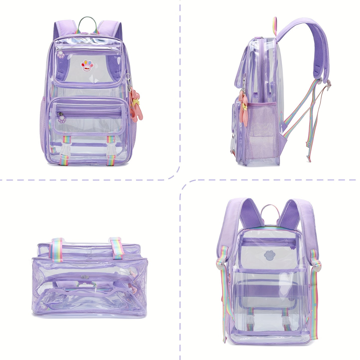 Clear Backpack for Girls Cute Transparent Heavy Duty Kid School Book Bags with Reinforced Padded Straps and Complimentary Gift (purple)