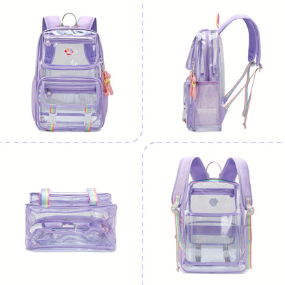 Clear Backpack for Girls Cute Transparent Heavy Duty Kid School Book Bags with Reinforced Padded Straps and Complimentary Gift (purple)