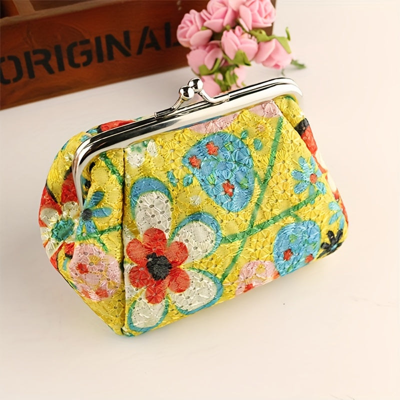 Mini Retro Flower Pattern Clutch Coin Purse, Kiss-Lock Carry On Pouch, Portable Women's Wallet