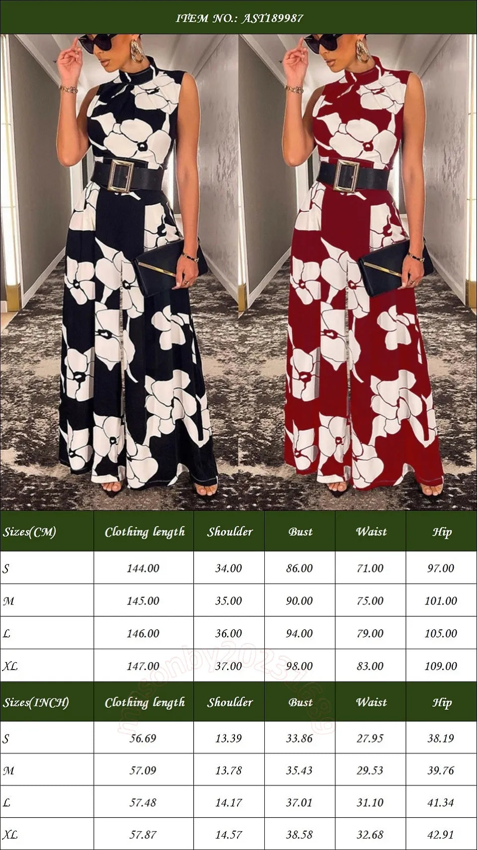 Stylish Women's Print Jumpsuit with Belt for a Comfortable and Elegant Commuting Style AST189987