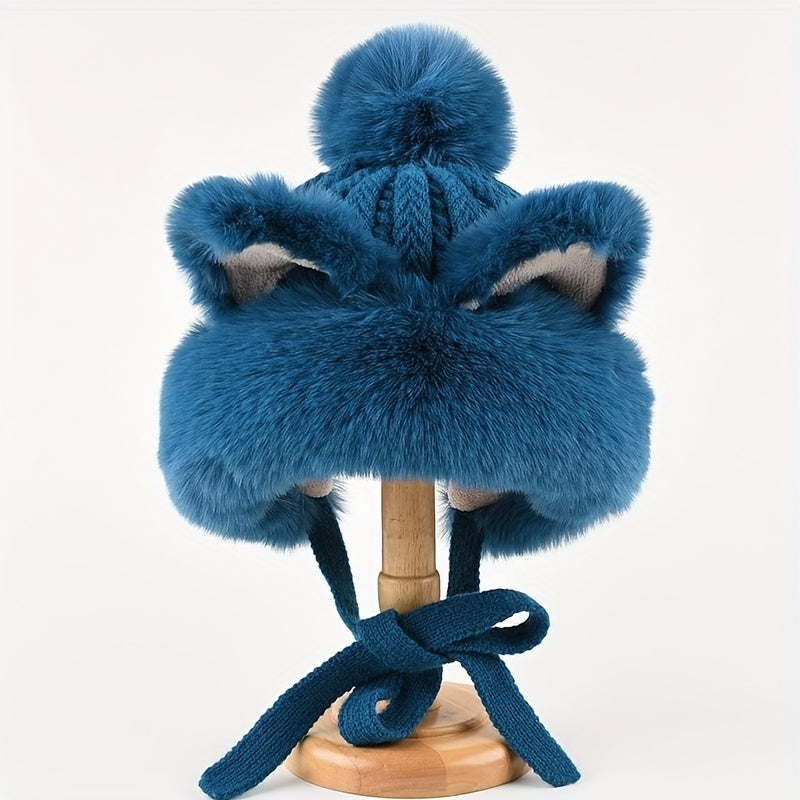 Adorable Fox/Cat Ear Warm Winter Hat - Plush Knit, Elastic, with Ear Protection & Adjustable Drawstring for Stylish Warmth