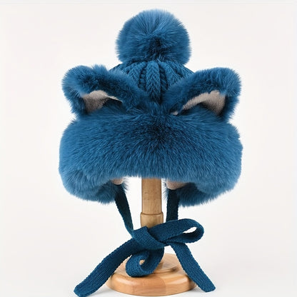 Adorable Fox/Cat Ear Warm Winter Hat - Plush Knit, Elastic, with Ear Protection & Adjustable Drawstring for Stylish Warmth