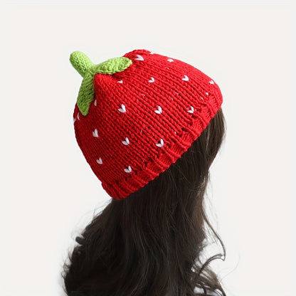 Adorable Red Strawberry Cartoon Beanie - Soft Knit Elastic Skull Cap for Warmth, Daily Wear, Autumn & Winter Use, Fashionable Women's Accessories