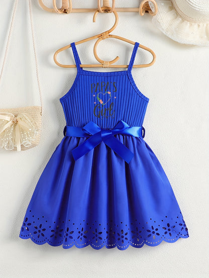 PAPA'S GIRL Print, Girl's Fashion Casual Summer Sleeveless Dress With Bow Belt And Hollow Out Design For Outdoor Wear