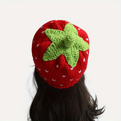 Adorable Red Strawberry Cartoon Beanie - Soft Knit Elastic Skull Cap for Warmth, Daily Wear, Autumn & Winter Use, Fashionable Women's Accessories