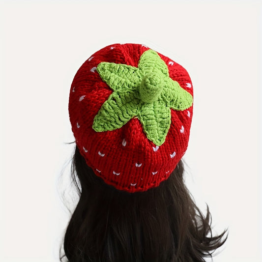 Adorable Red Strawberry Cartoon Beanie - Soft Knit Elastic Skull Cap for Warmth, Daily Wear, Autumn & Winter Use, Fashionable Women's Accessories