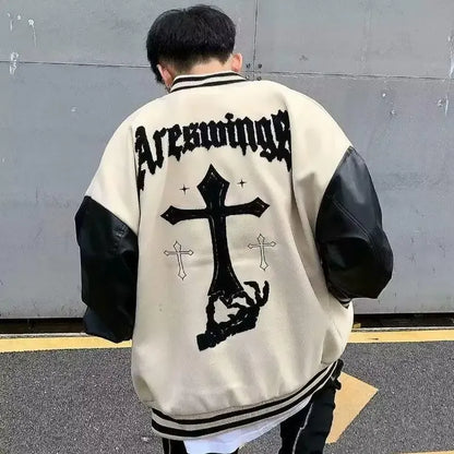 High Street Varsity Jacket Men Cross Embroidered Baseball Jackets Women Spring Autumn Coat Patchwork Outweaer Unisex