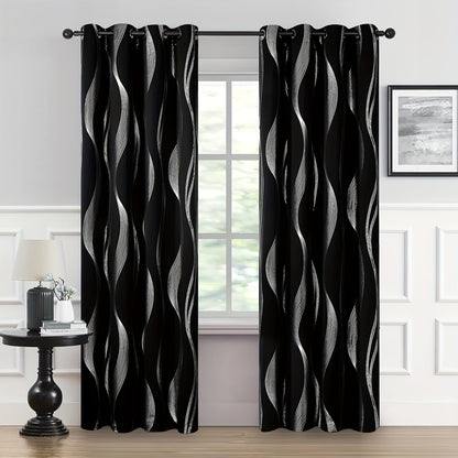 2PCS Luxurious Blackout Curtains with Grommet Top - Thermal Insulated, Noise Reducing, High Precision Bronzing Striped Wave Pattern for All-Season Room Darkening - Polyester Drapes for Bedroom and Living Room with Easy Installation