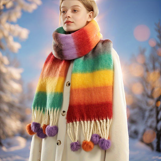 Cozy Rainbow Plush Scarf For Women - Breathable, Warm & Soft Polyester Shawl With Funky Print Design - Perfect For Autumn/Winter Outings