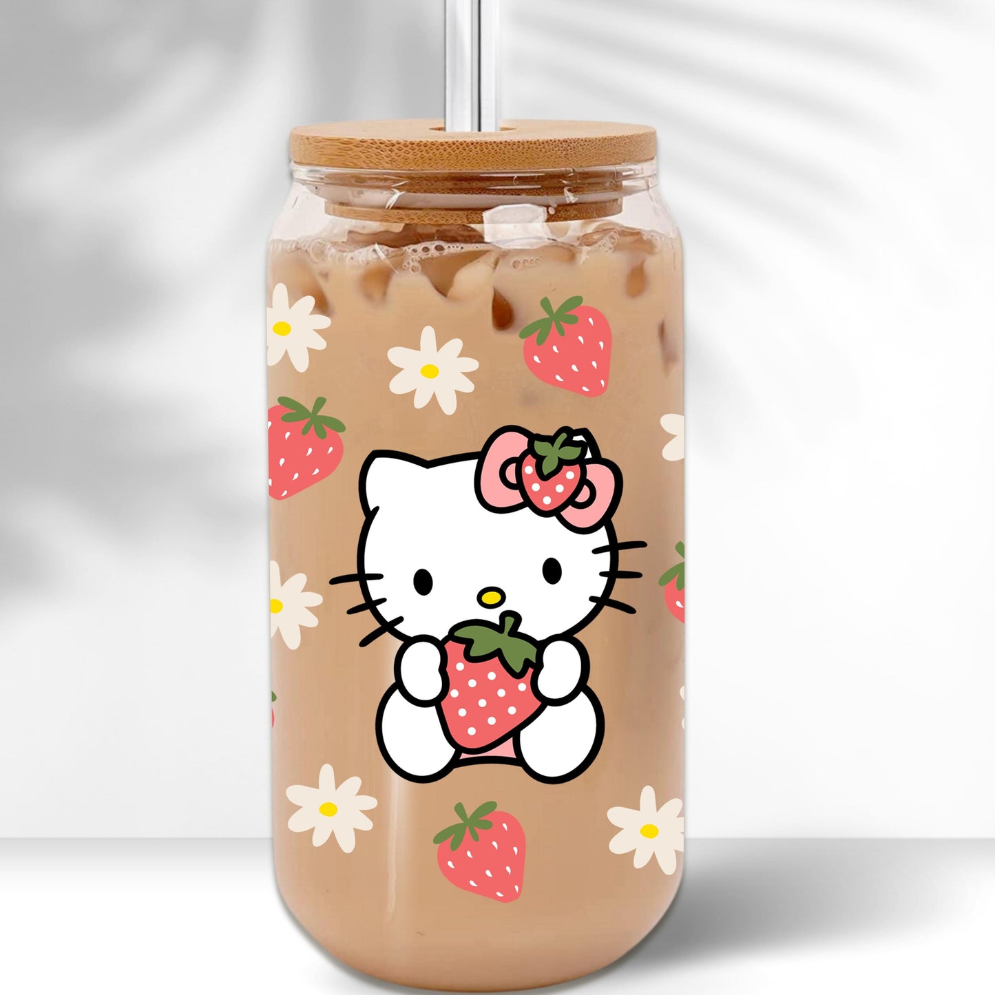 1pc Adorable Strawberry Hello Kitty Handcrafted UV-Resistant Coffee Tumbler Set - Complete with Glass Straw & Brush for Effortless Cleaning - Perfect for Catered Events and Everyday Sipping