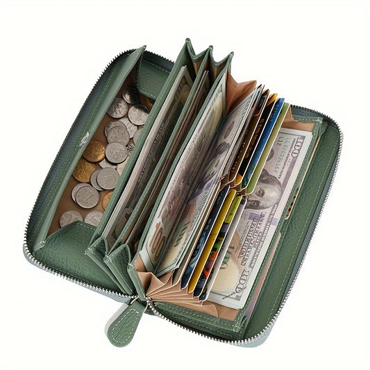 Genuine Leather Fashion RFID Wallet Women Clutch Credit Card Holder, Women's Casual Coin Purse Large Capacity Phone Bag, Zipper Clutch Bag Long Wallet