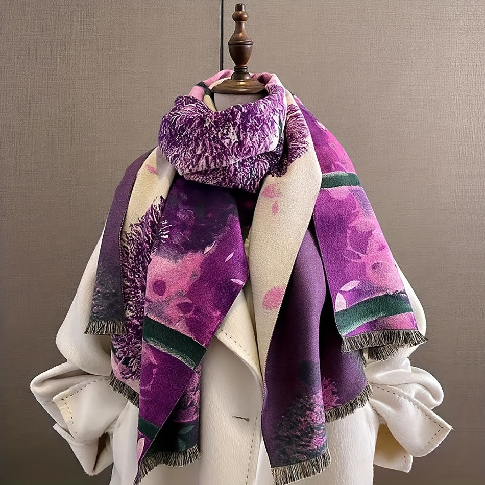 Purple Soft Jacquard Elegant Scarf - Warm, Windproof, Coldproof, Fringe Shawl for Autumn Winter Commuters - Stylish, Cozy, and Versatile Accessory for Women