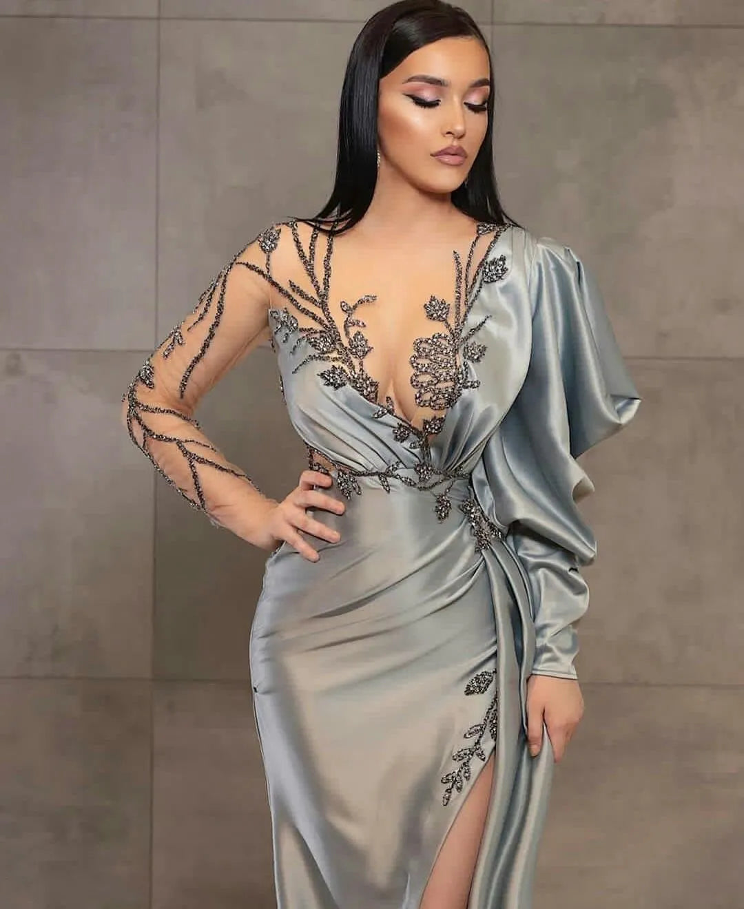 Evening Dresses Wear Silver Mermaid Long Sleeves Illusion Crystal Beading High Side Split Floor Length Party Dress Prom Gowns Open Back Robes De