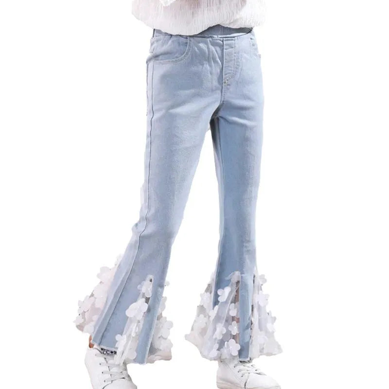 Jeans Kids Girls Lace Ruffle Flare For Teenage Children Elastic Waist Denim Pants Bell Bottoms Trouser Leggings