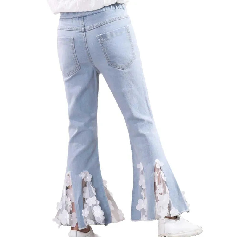 Jeans Kids Girls Lace Ruffle Flare For Teenage Children Elastic Waist Denim Pants Bell Bottoms Trouser Leggings