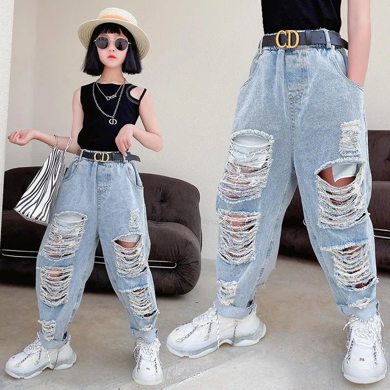 Trousers Korean Blue Jeans Pants Baby Girls Toddler Kids Clothes Denim Bottoms Harem Ripped Holes Distressed Capris 4 To 16 Yrs