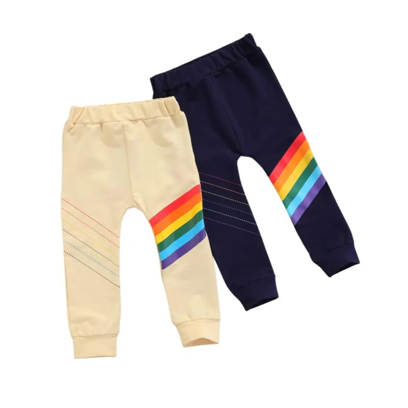 Trousers Kids Boys Rainbow Striped High Elastic Waist Long Pants For Summer Fall, Beige/Royal Blue 2-9 Years