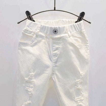 Baby Boy White Denim Jeans Pants Spring Autumn Children's Ripped Trousers Kids Broken Pants Solid Toddler Leggings 2-7 Years 210927