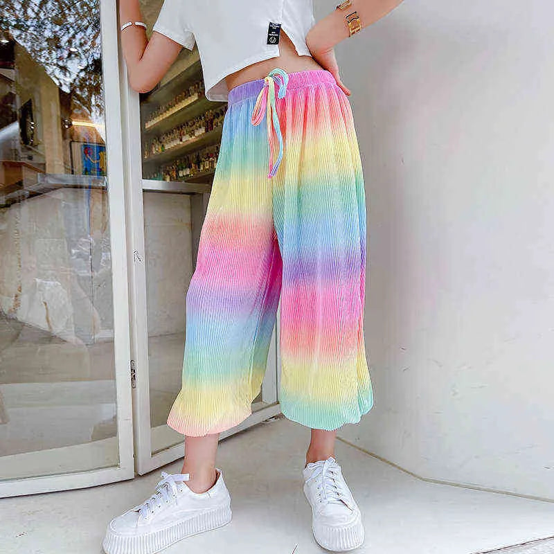 Teen Girls Casual Harem Pants Summer Anti-Mosquito Loose Fashion Rainbow Child Cool Trousers 6 8 10 12 14 Years 211103