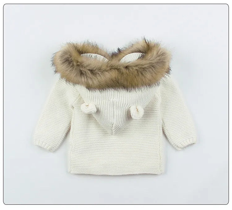 New Fashion Baby Sweater Coat Cute Fur Collar Animal Hooded Knitting Autumn Winter Warm Clothes For Baby