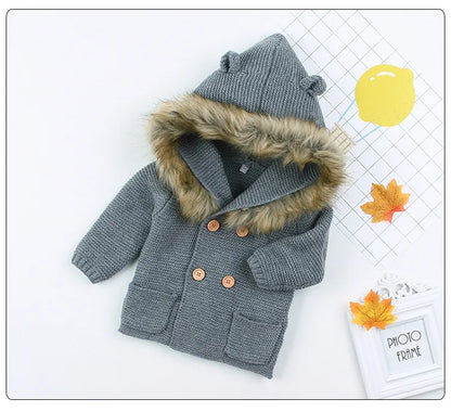 New Fashion Baby Sweater Coat Cute Fur Collar Animal Hooded Knitting Autumn Winter Warm Clothes For Baby