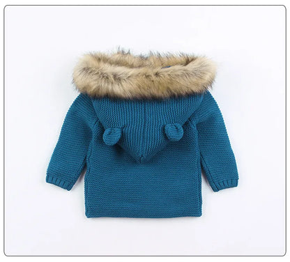 New Fashion Baby Sweater Coat Cute Fur Collar Animal Hooded Knitting Autumn Winter Warm Clothes For Baby