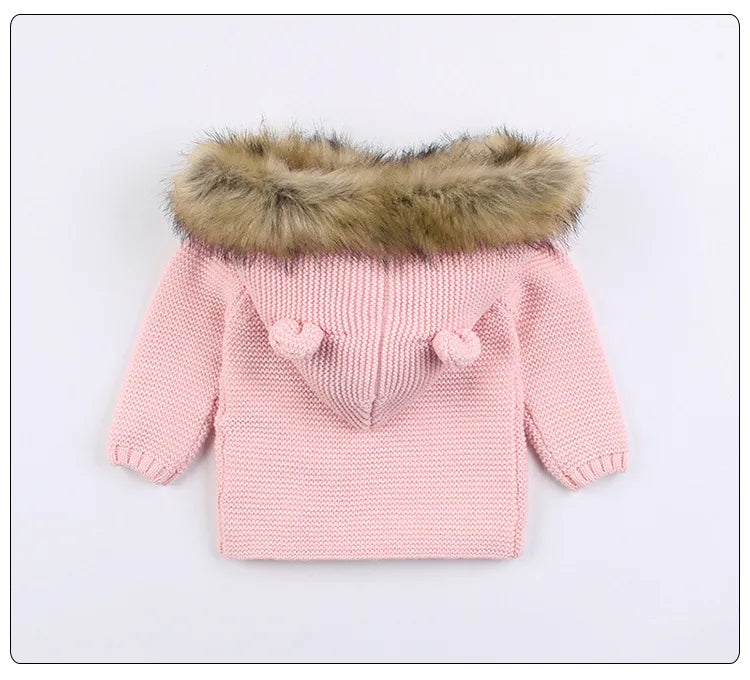 New Fashion Baby Sweater Coat Cute Fur Collar Animal Hooded Knitting Autumn Winter Warm Clothes For Baby