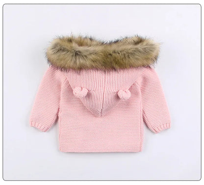 New Fashion Baby Sweater Coat Cute Fur Collar Animal Hooded Knitting Autumn Winter Warm Clothes For Baby