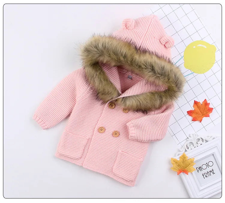 New Fashion Baby Sweater Coat Cute Fur Collar Animal Hooded Knitting Autumn Winter Warm Clothes For Baby