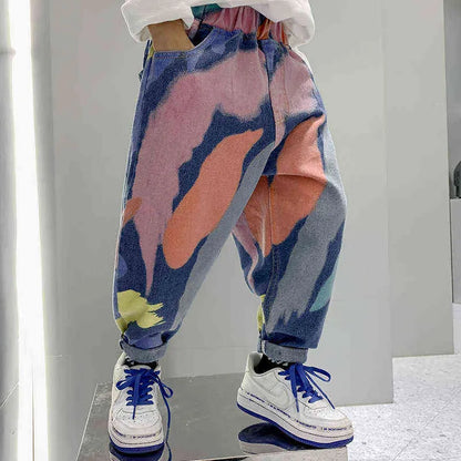 Boys Casual Jeans Trousers Spring Autumn Denim Pants Teen Boy Print Elastic Waist Pants Kids Children Loose Bottoms Clothing G1220