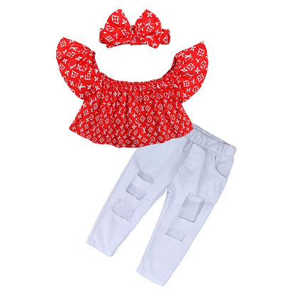 Kids Summer Girls Clothing Sets Off Shoulder Top Shirt+Hole Pants+Hairband 3PCS Children Clothing Girls Clothes set