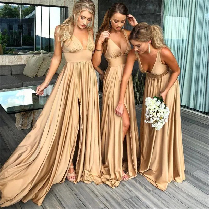 Gold Long Bridesmaid Dresses Sexy Deep V Neck Empire Split Wedding Guest Sweep Train Maid of Honor Party Dresses BM0141