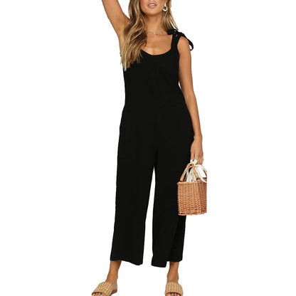 Women Summer Loose Jumpsuit Dungarees  Sexy Deep V-Neck Backless Romper Ladies Strap One-Piece Wide Leg Pants Playsuit