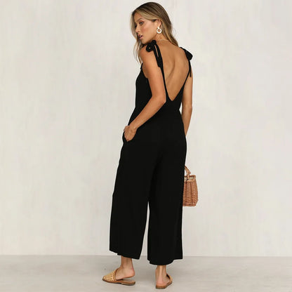 Women Summer Loose Jumpsuit Dungarees  Sexy Deep V-Neck Backless Romper Ladies Strap One-Piece Wide Leg Pants Playsuit