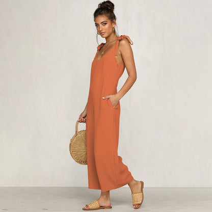 Women Summer Loose Jumpsuit Dungarees  Sexy Deep V-Neck Backless Romper Ladies Strap One-Piece Wide Leg Pants Playsuit