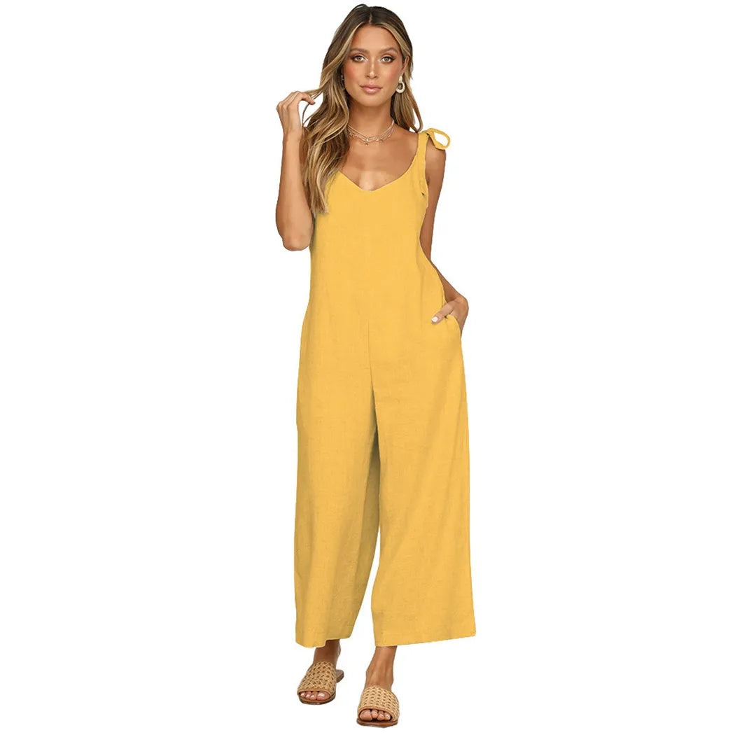 Women Summer Loose Jumpsuit Dungarees  Sexy Deep V-Neck Backless Romper Ladies Strap One-Piece Wide Leg Pants Playsuit