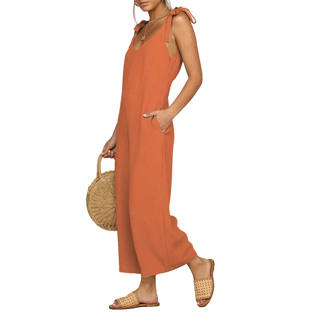 Women Summer Loose Jumpsuit Dungarees  Sexy Deep V-Neck Backless Romper Ladies Strap One-Piece Wide Leg Pants Playsuit