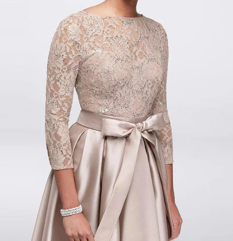 Champagne Lace Plus Size Mother of The Bride Dresses  Long Sleeves Satin High Low Sashes Mother of Groom Gowns