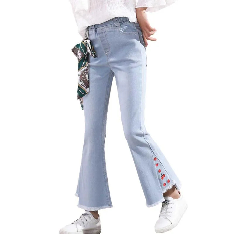 Jeans Kids Girls Lace Ruffle Flare For Teenage Children Elastic Waist Denim Pants Bell Bottoms Trouser Leggings