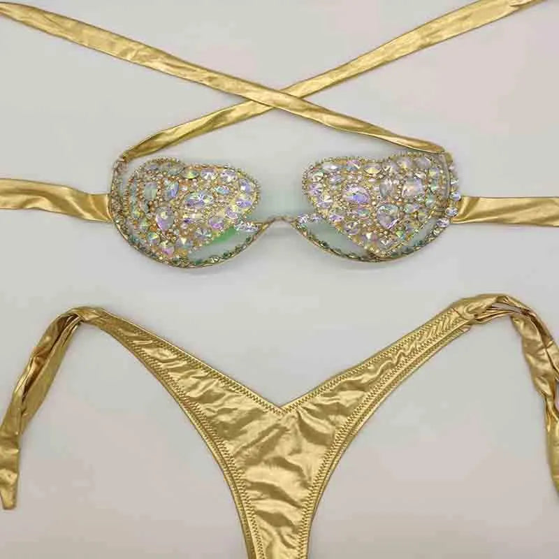 Women's Swimwear  Vacation Sexy Women Bikini Set Diamond Bling Stones Bathing Suit Rhinestone Beachwear Biquini