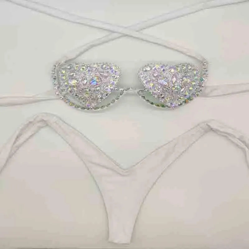 Women's Swimwear  Vacation Sexy Women Bikini Set Diamond Bling Stones Bathing Suit Rhinestone Beachwear Biquini